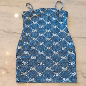 Girls Blue Denim Imprinted Dress with White Bow Pattern